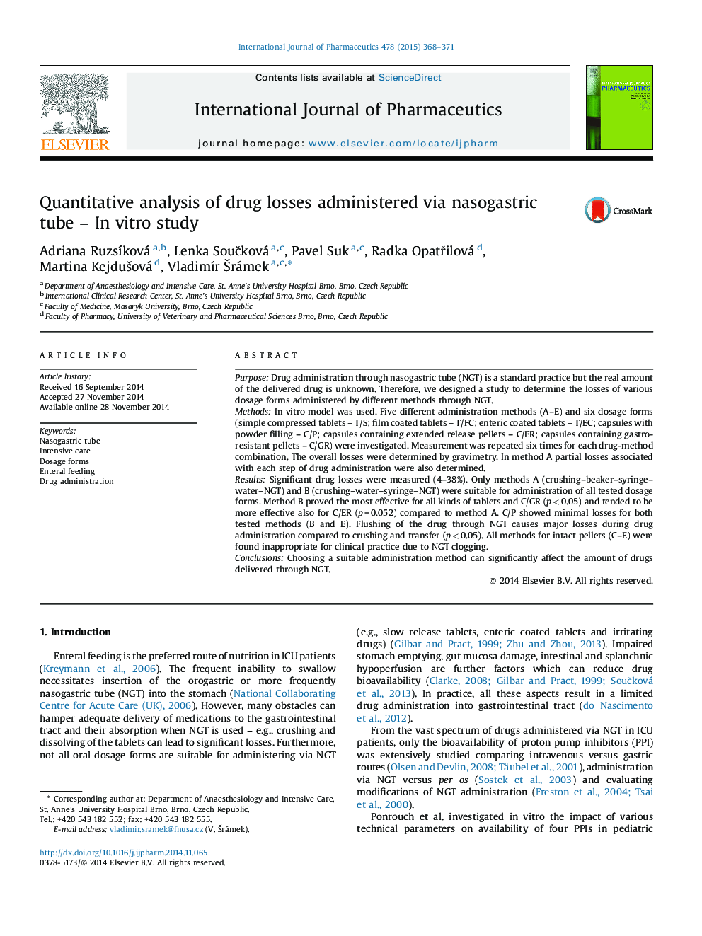 Quantitative analysis of drug losses administered via nasogastric tube – In vitro study