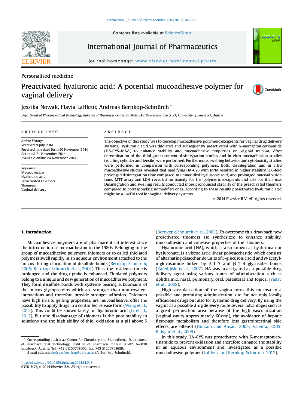 Preactivated hyaluronic acid: A potential mucoadhesive polymer for vaginal delivery