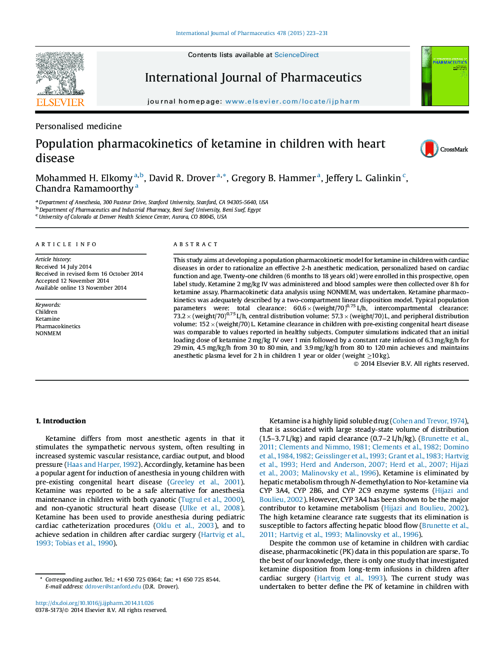 Population pharmacokinetics of ketamine in children with heart disease