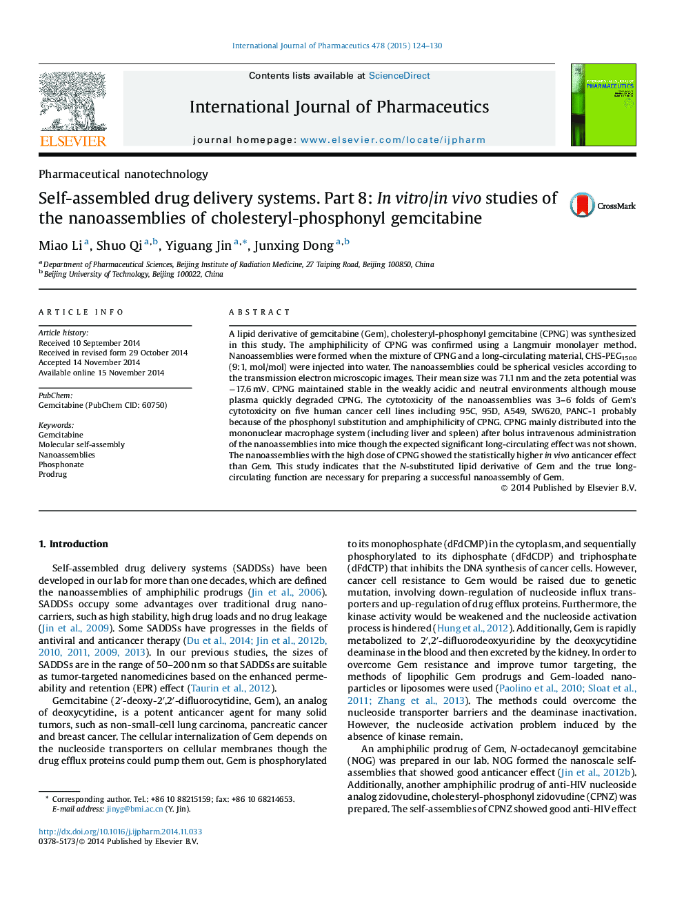 Self-assembled drug delivery systems. Part 8: In vitro/in vivo studies of the nanoassemblies of cholesteryl-phosphonyl gemcitabine