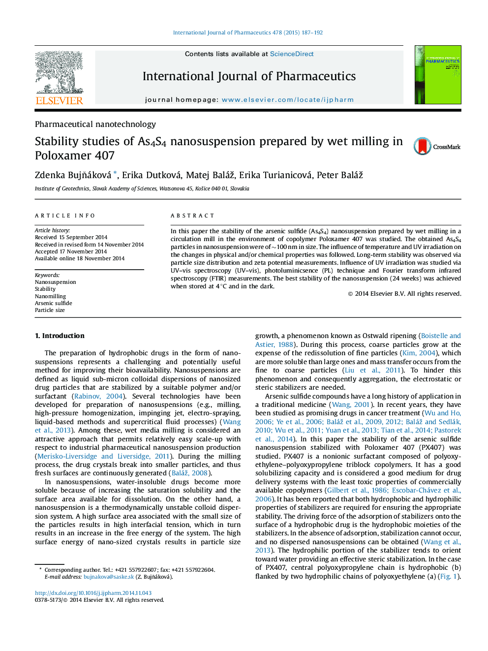 Stability studies of As4S4 nanosuspension prepared by wet milling in Poloxamer 407