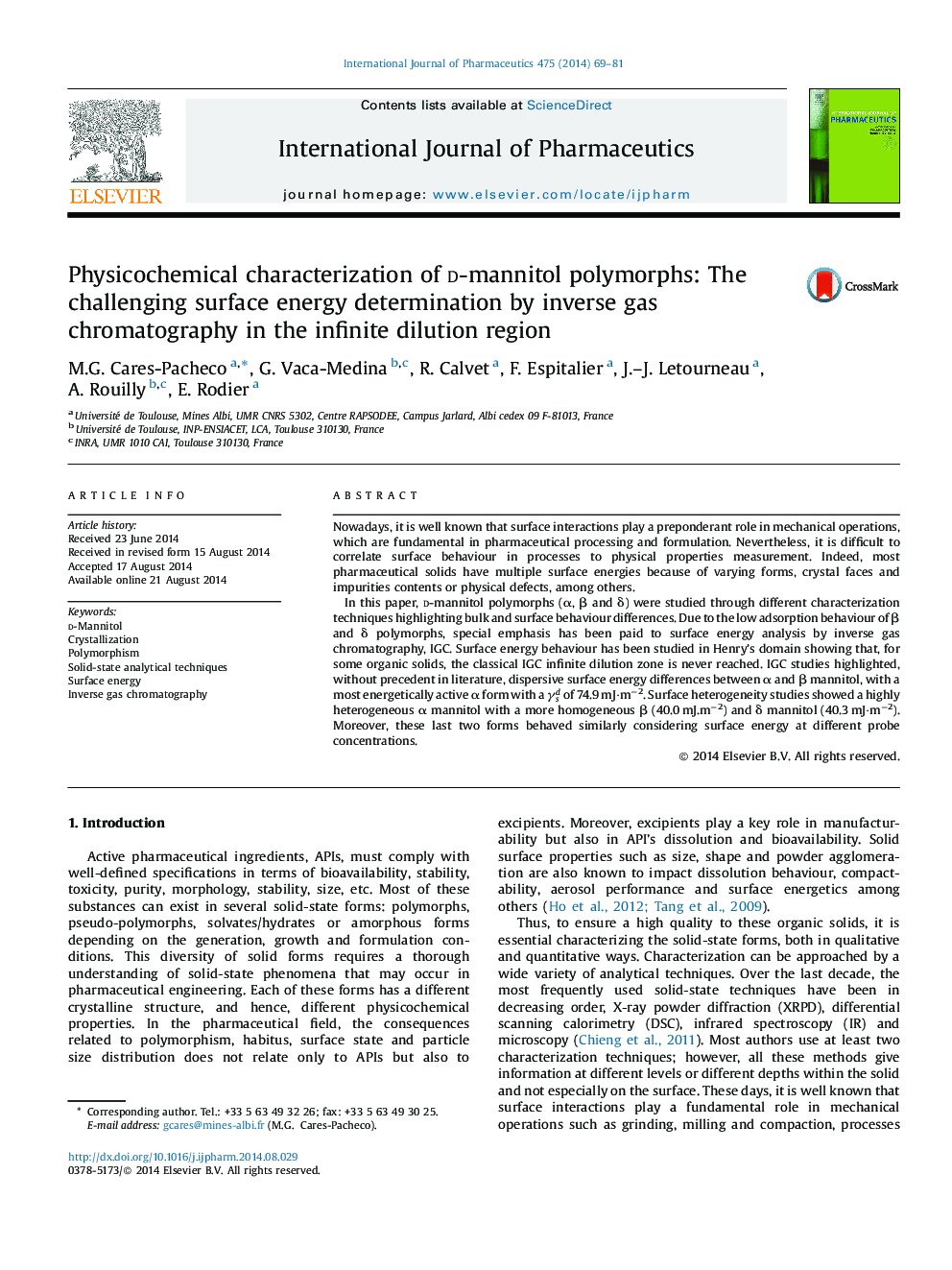 Physicochemical characterization of d-mannitol polymorphs: The challenging surface energy determination by inverse gas chromatography in the infinite dilution region