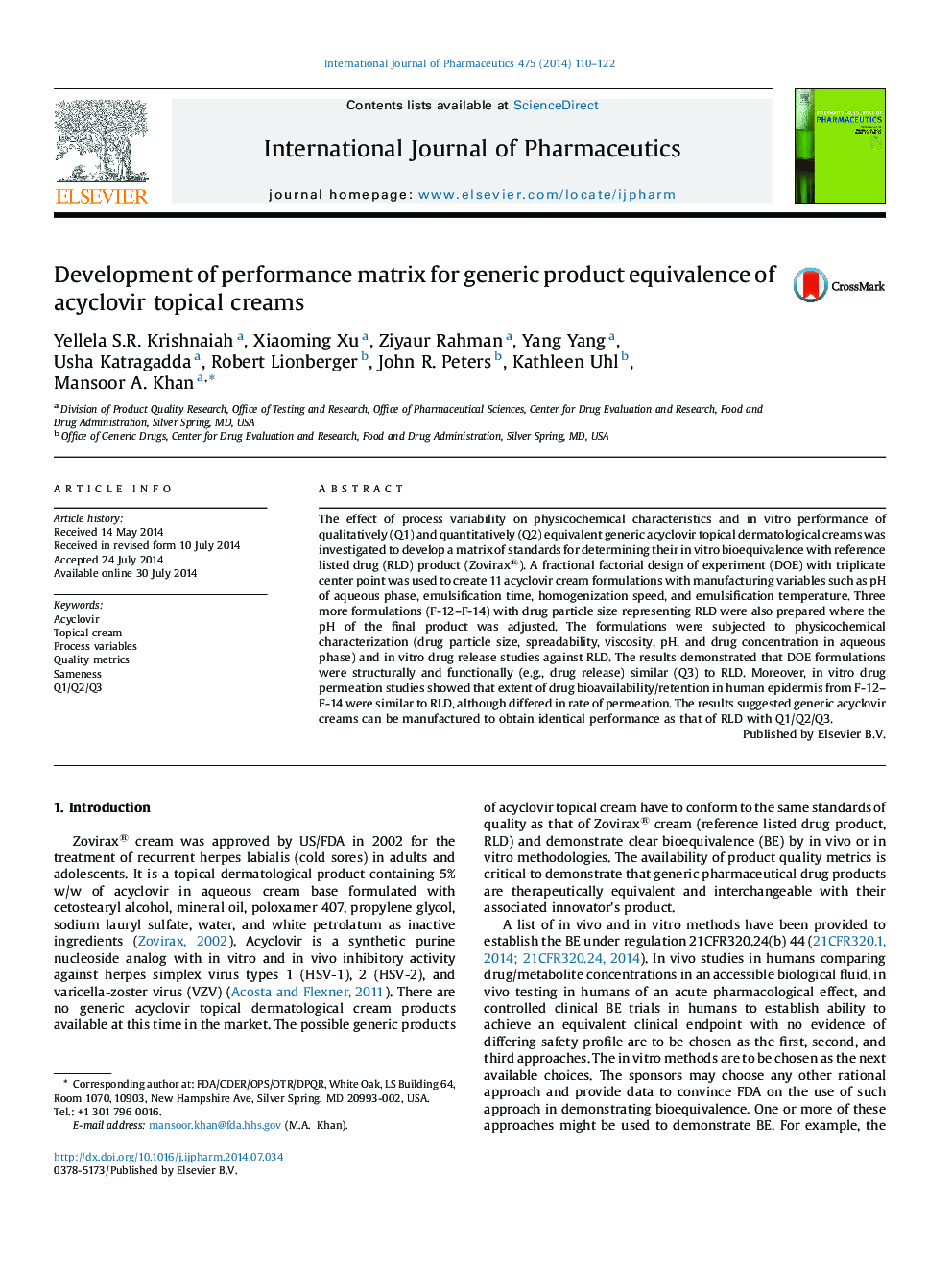 Development of performance matrix for generic product equivalence of acyclovir topical creams