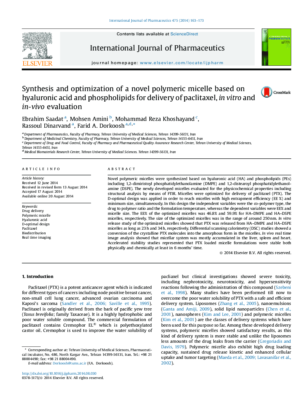 Synthesis and optimization of a novel polymeric micelle based on hyaluronic acid and phospholipids for delivery of paclitaxel, in vitro and in-vivo evaluation