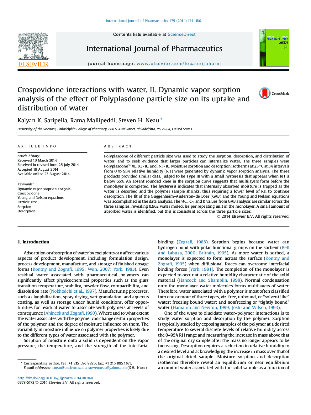Crospovidone interactions with water. II. Dynamic vapor sorption analysis of the effect of Polyplasdone particle size on its uptake and distribution of water
