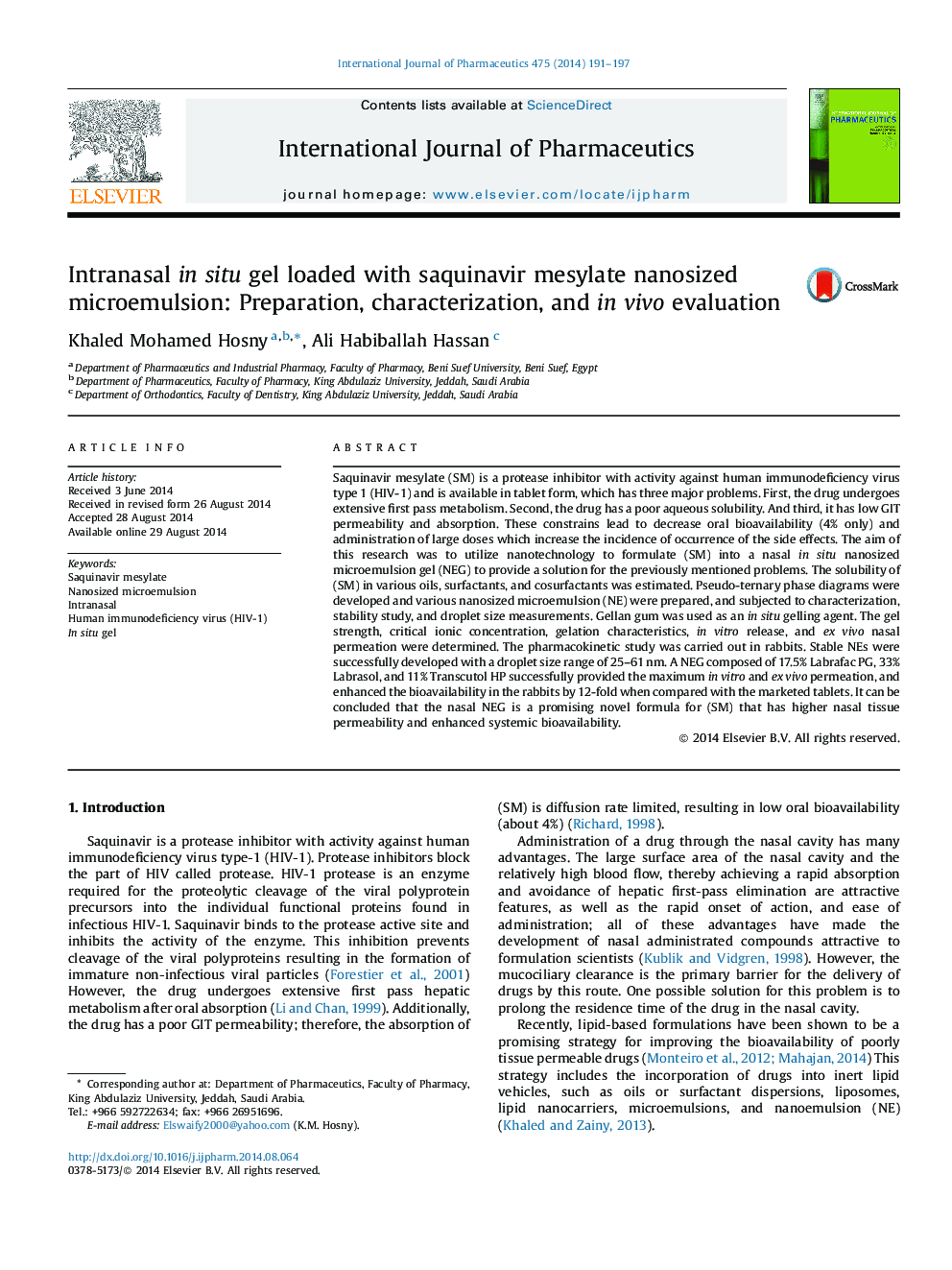 Intranasal in situ gel loaded with saquinavir mesylate nanosized microemulsion: Preparation, characterization, and in vivo evaluation