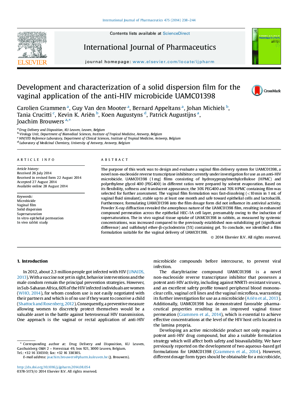 Development and characterization of a solid dispersion film for the vaginal application of the anti-HIV microbicide UAMC01398