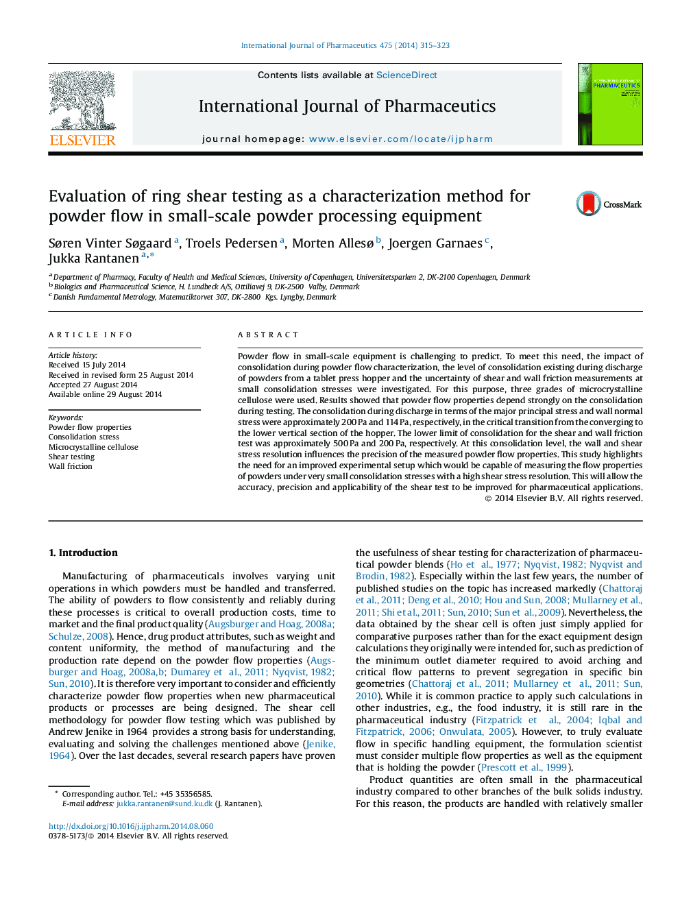 Evaluation of ring shear testing as a characterization method for powder flow in small-scale powder processing equipment