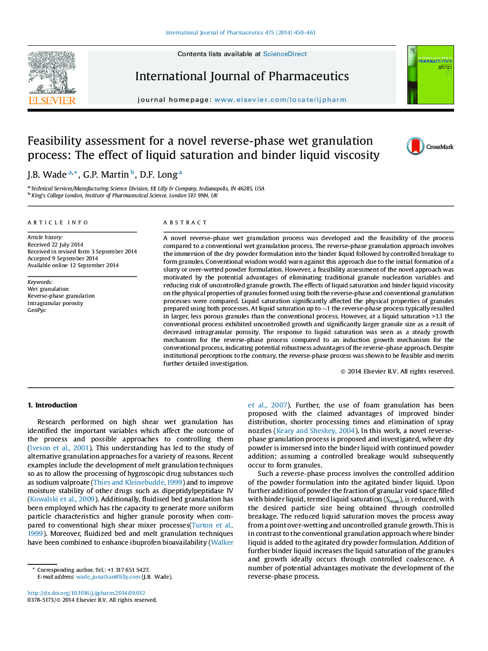 Feasibility assessment for a novel reverse-phase wet granulation process: The effect of liquid saturation and binder liquid viscosity