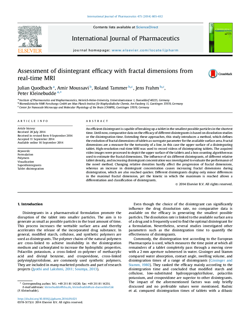 Assessment of disintegrant efficacy with fractal dimensions from real-time MRI