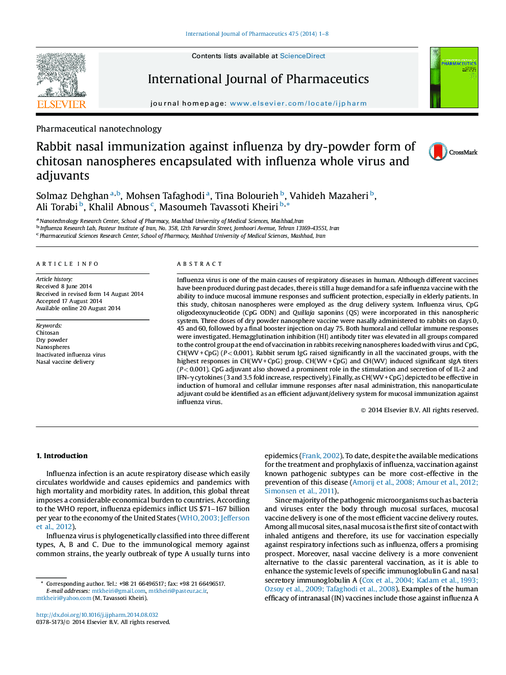 Rabbit nasal immunization against influenza by dry-powder form of chitosan nanospheres encapsulated with influenza whole virus and adjuvants