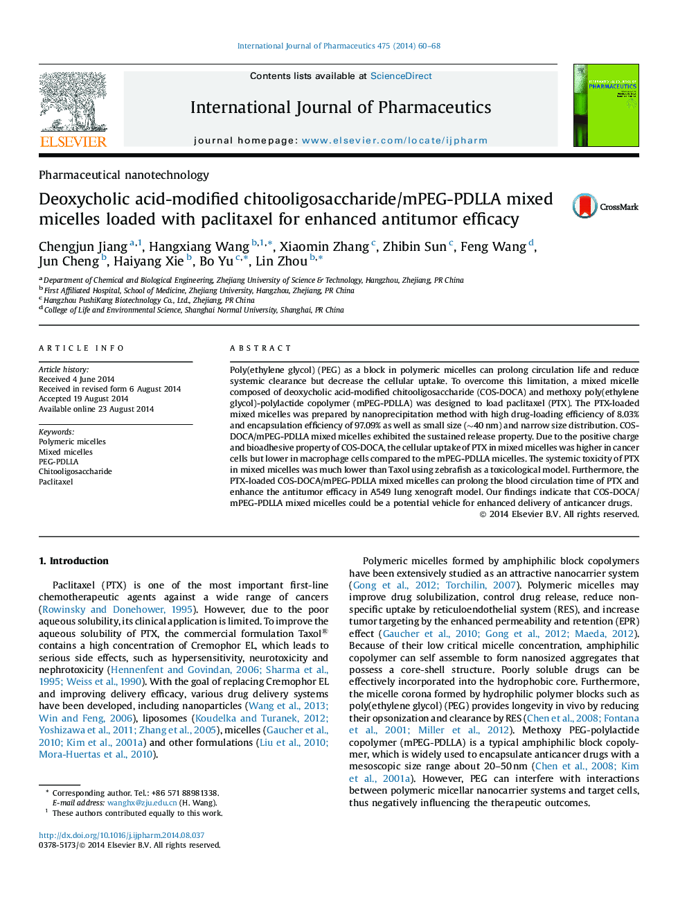 Deoxycholic acid-modified chitooligosaccharide/mPEG-PDLLA mixed micelles loaded with paclitaxel for enhanced antitumor efficacy