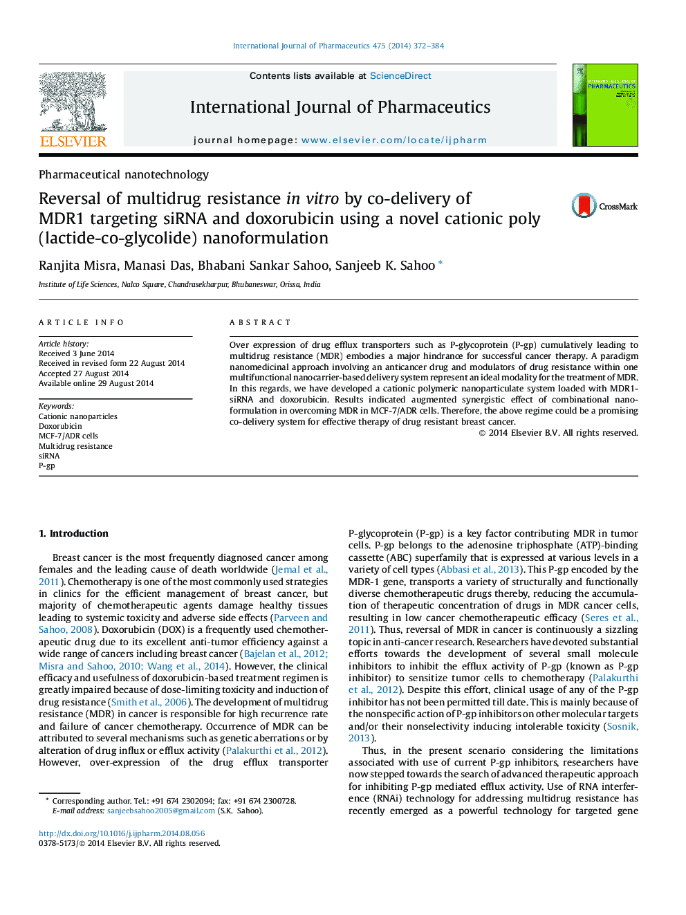 Reversal of multidrug resistance in vitro by co-delivery of MDR1 targeting siRNA and doxorubicin using a novel cationic poly(lactide-co-glycolide) nanoformulation