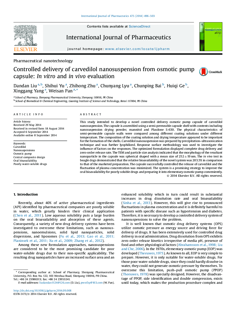 Controlled delivery of carvedilol nanosuspension from osmotic pump capsule: In vitro and in vivo evaluation