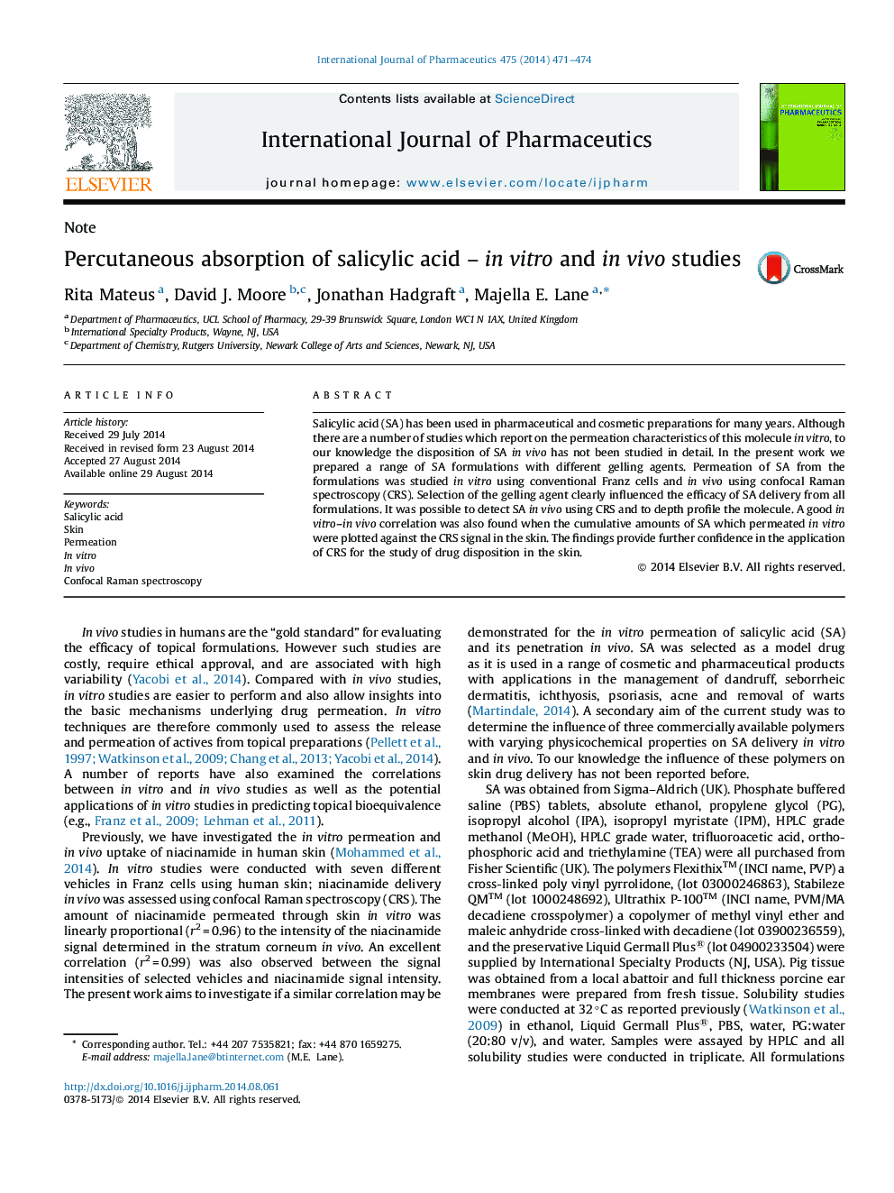 Percutaneous absorption of salicylic acid – in vitro and in vivo studies