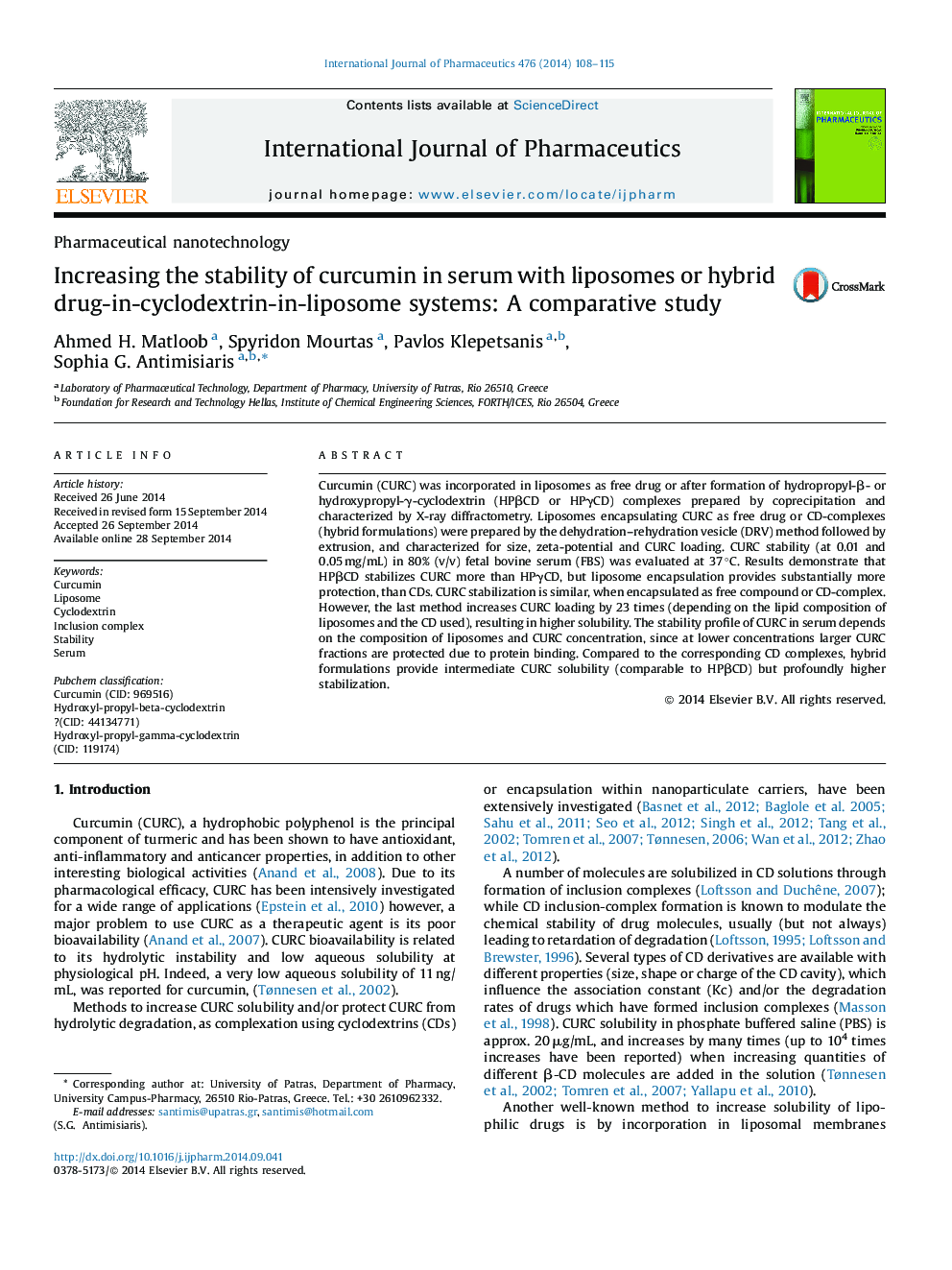 افزایش پایداری کورکومین در سرم با لیپوزوم ها یا سیستم های ترکیبی دارو در داخل سیکلوکودکسترون در لیپوزوم: یک مطالعه مقایسه ای 