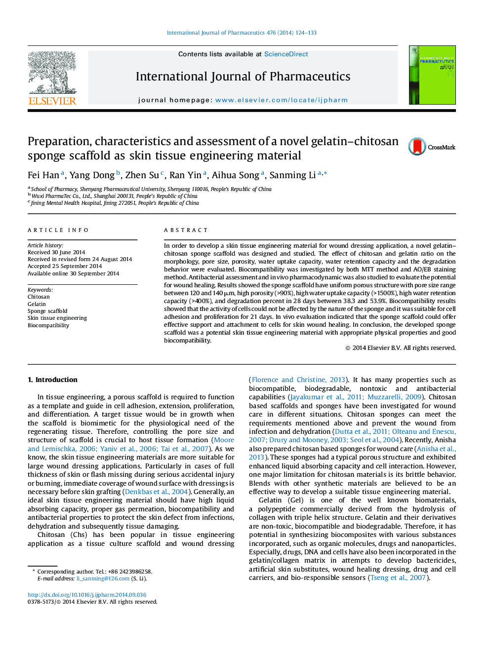 Preparation, characteristics and assessment of a novel gelatin–chitosan sponge scaffold as skin tissue engineering material