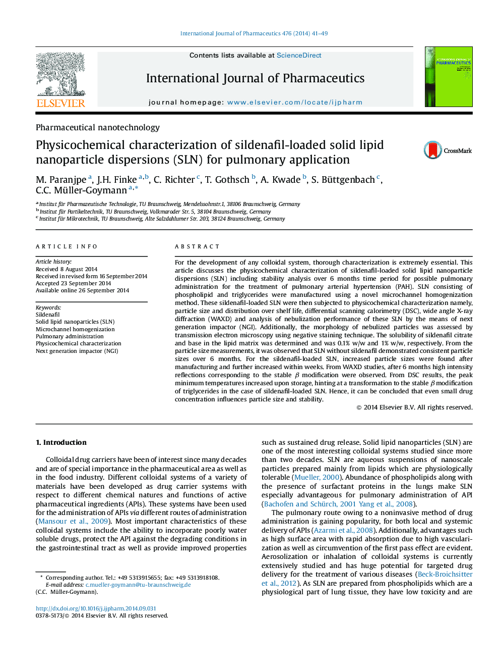 Physicochemical characterization of sildenafil-loaded solid lipid nanoparticle dispersions (SLN) for pulmonary application