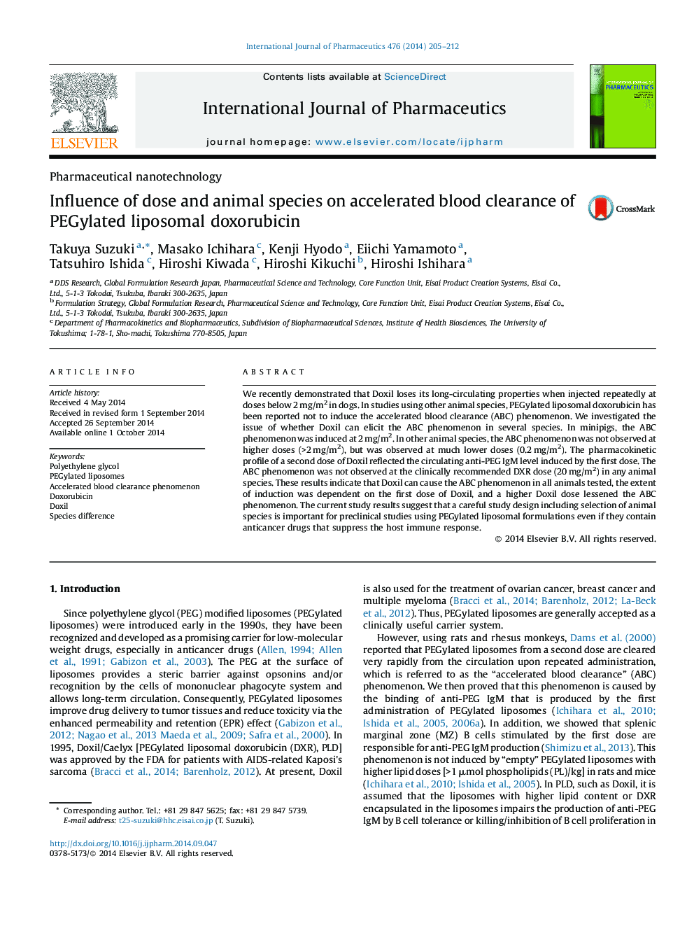 Influence of dose and animal species on accelerated blood clearance of PEGylated liposomal doxorubicin