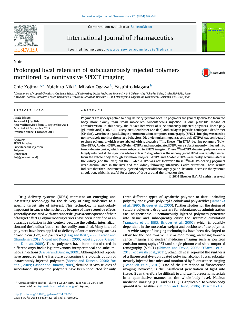 Prolonged local retention of subcutaneously injected polymers monitored by noninvasive SPECT imaging