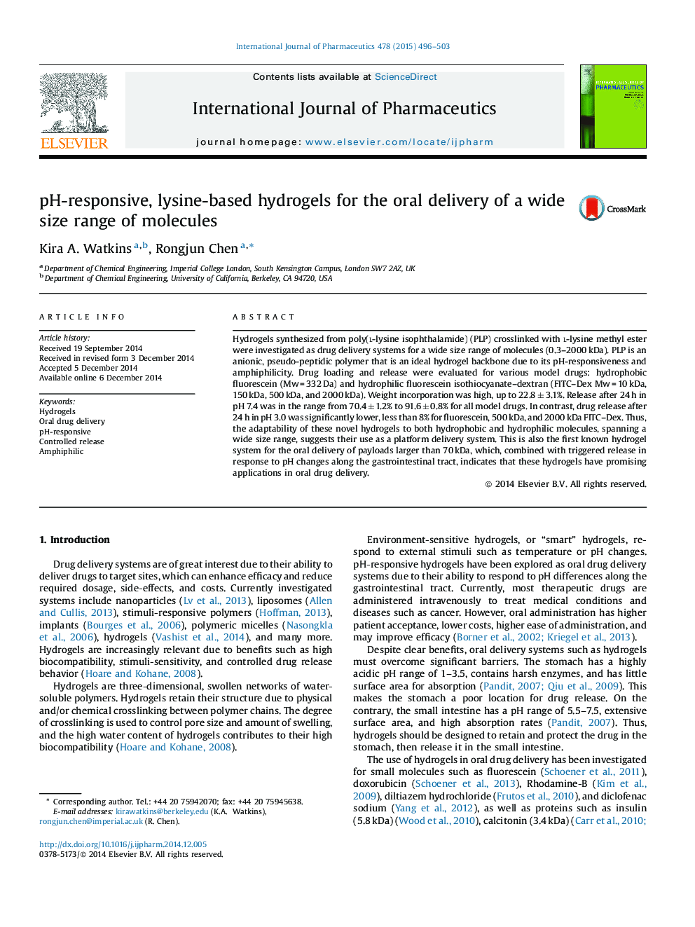 pH-responsive, lysine-based hydrogels for the oral delivery of a wide size range of molecules