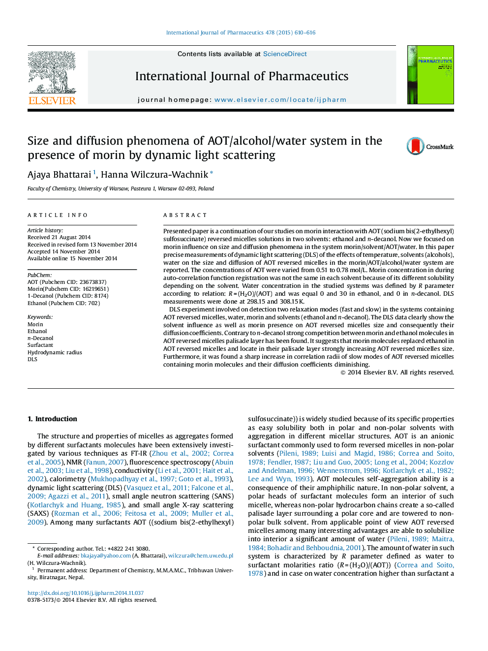 Size and diffusion phenomena of AOT/alcohol/water system in the presence of morin by dynamic light scattering