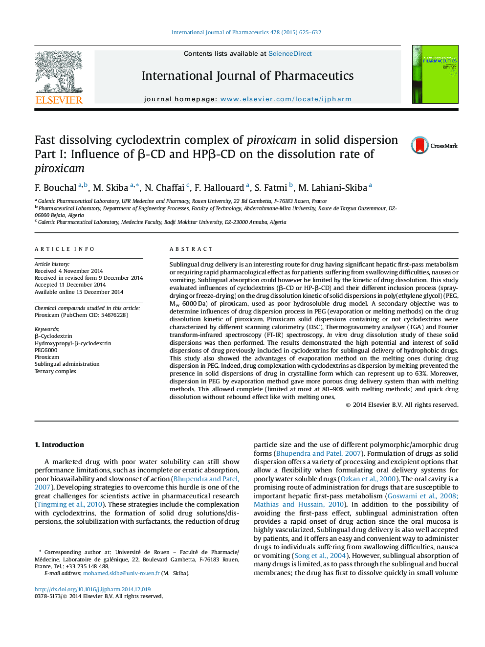 Fast dissolving cyclodextrin complex of piroxicam in solid dispersion Part I: Influence of β-CD and HPβ-CD on the dissolution rate of piroxicam