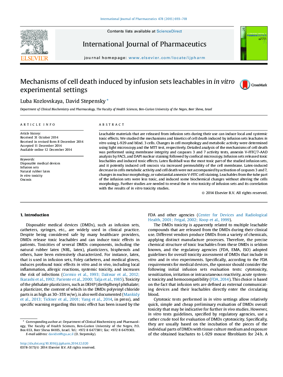 Mechanisms of cell death induced by infusion sets leachables in in vitro experimental settings