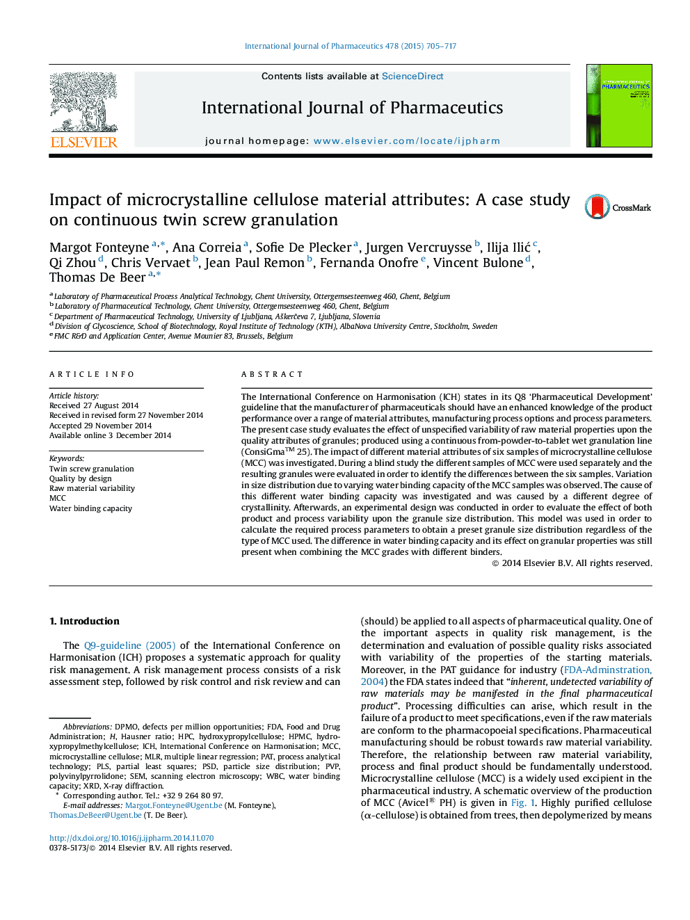 Impact of microcrystalline cellulose material attributes: A case study on continuous twin screw granulation