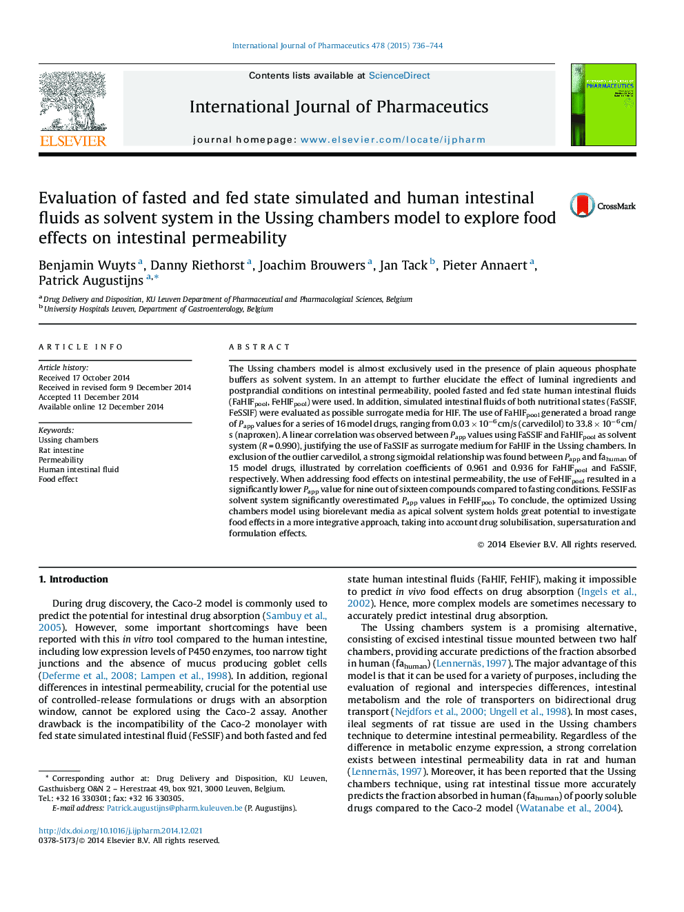 Evaluation of fasted and fed state simulated and human intestinal fluids as solvent system in the Ussing chambers model to explore food effects on intestinal permeability