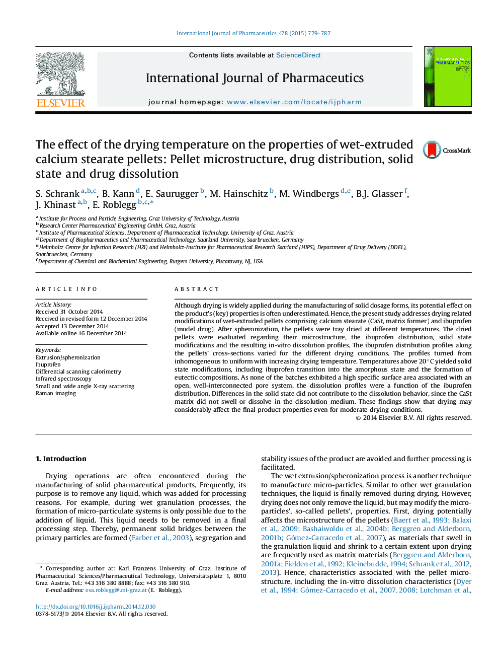 The effect of the drying temperature on the properties of wet-extruded calcium stearate pellets: Pellet microstructure, drug distribution, solid state and drug dissolution