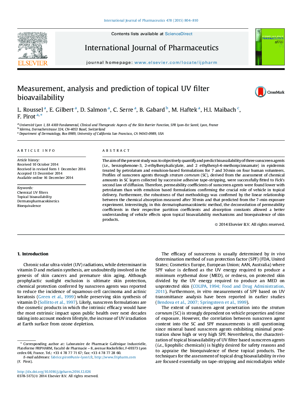 Measurement, analysis and prediction of topical UV filter bioavailability