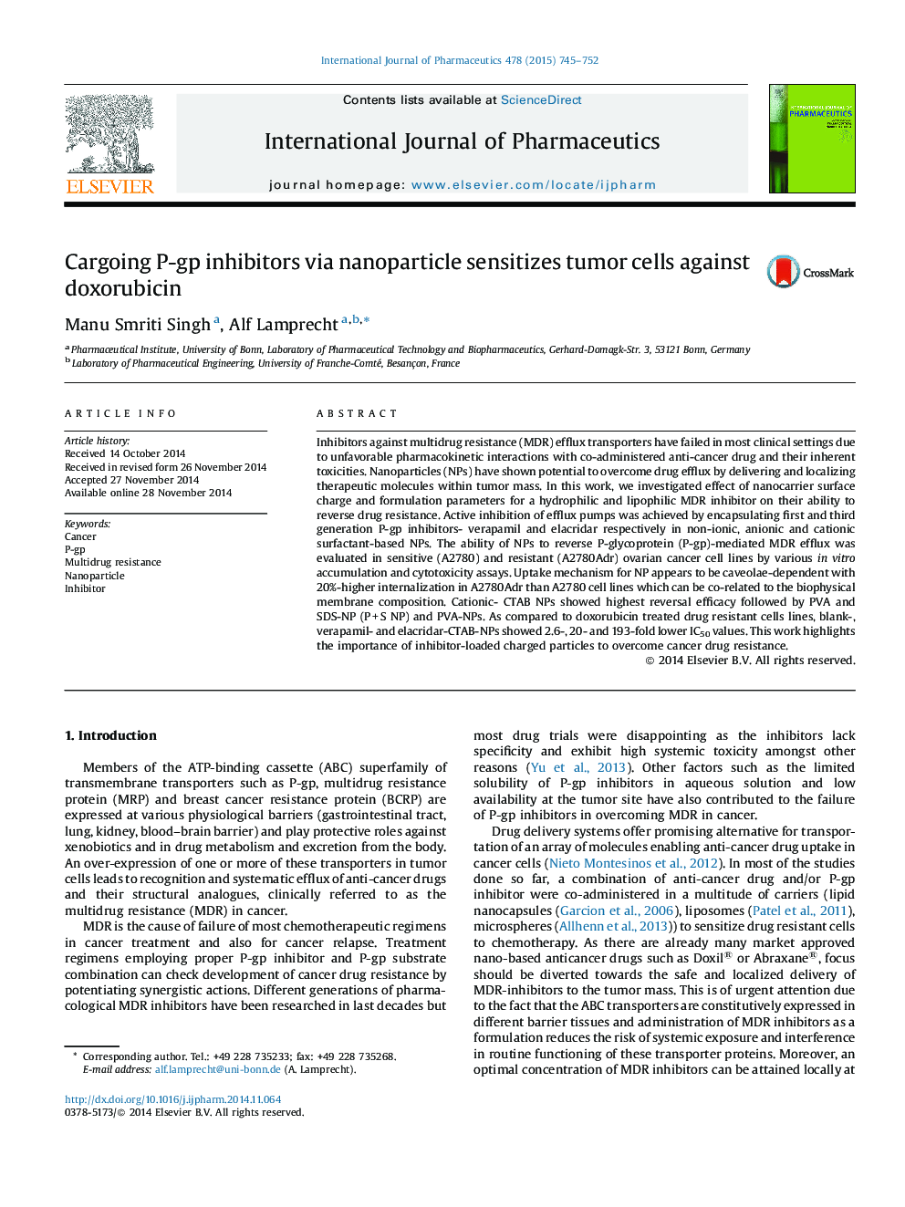 Cargoing P-gp inhibitors via nanoparticle sensitizes tumor cells against doxorubicin