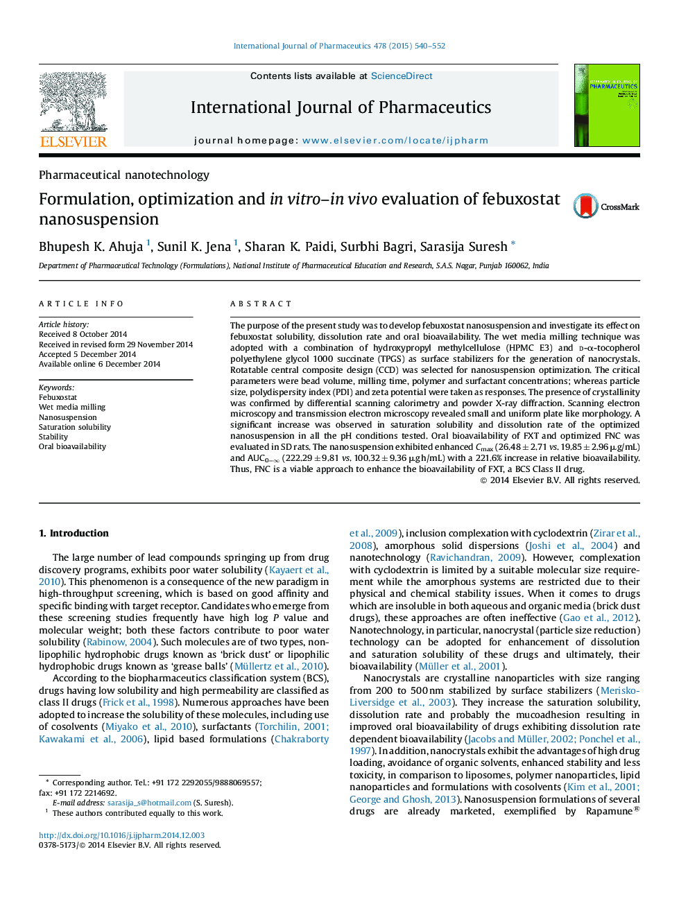 Formulation, optimization and in vitro–in vivo evaluation of febuxostat nanosuspension