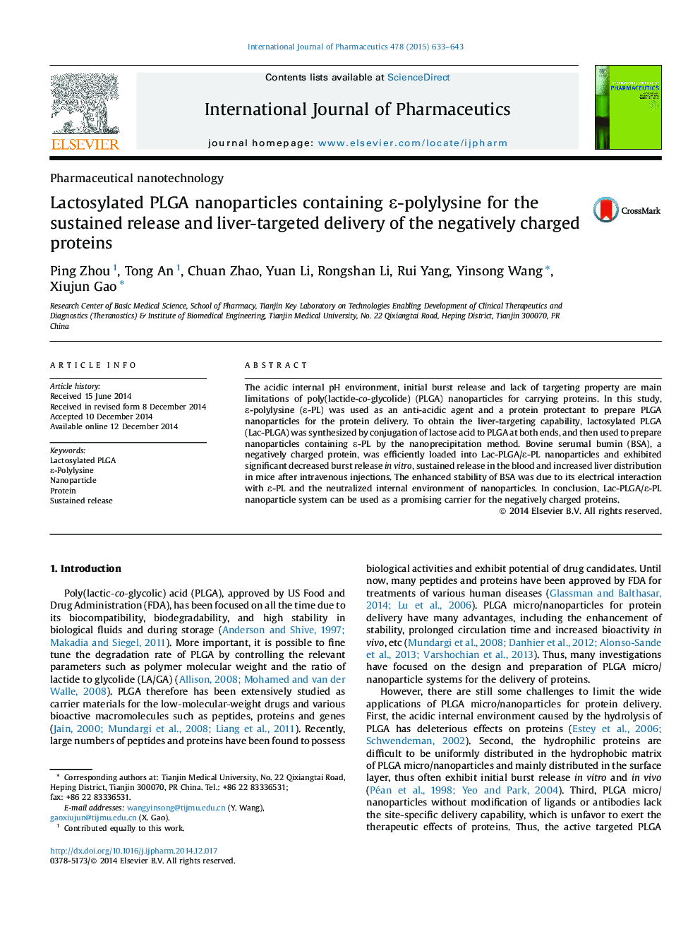 Lactosylated PLGA nanoparticles containing ϵ-polylysine for the sustained release and liver-targeted delivery of the negatively charged proteins