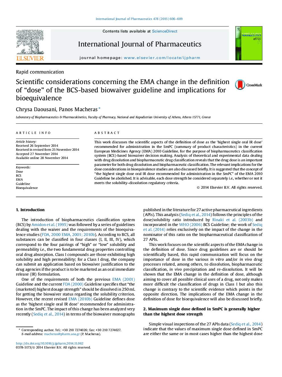 Scientific considerations concerning the EMA change in the definition of “dose” of the BCS-based biowaiver guideline and implications for bioequivalence