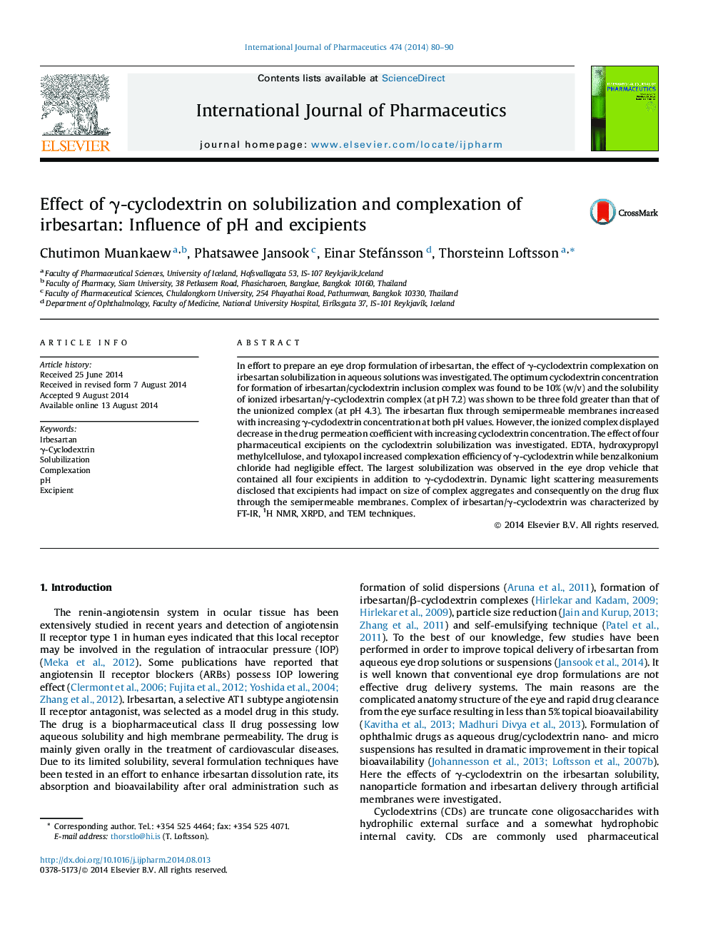 Effect of γ-cyclodextrin on solubilization and complexation of irbesartan: Influence of pH and excipients