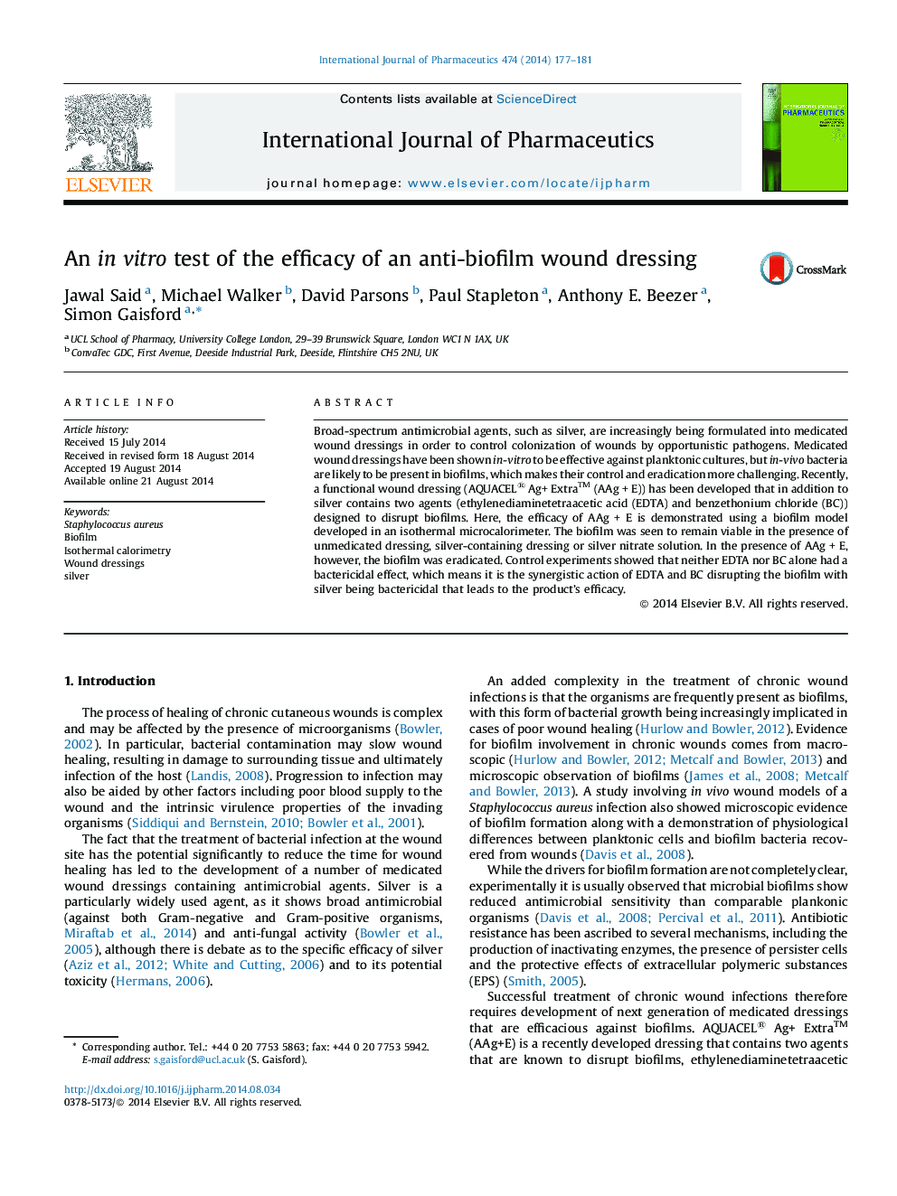 An in vitro test of the efficacy of an anti-biofilm wound dressing