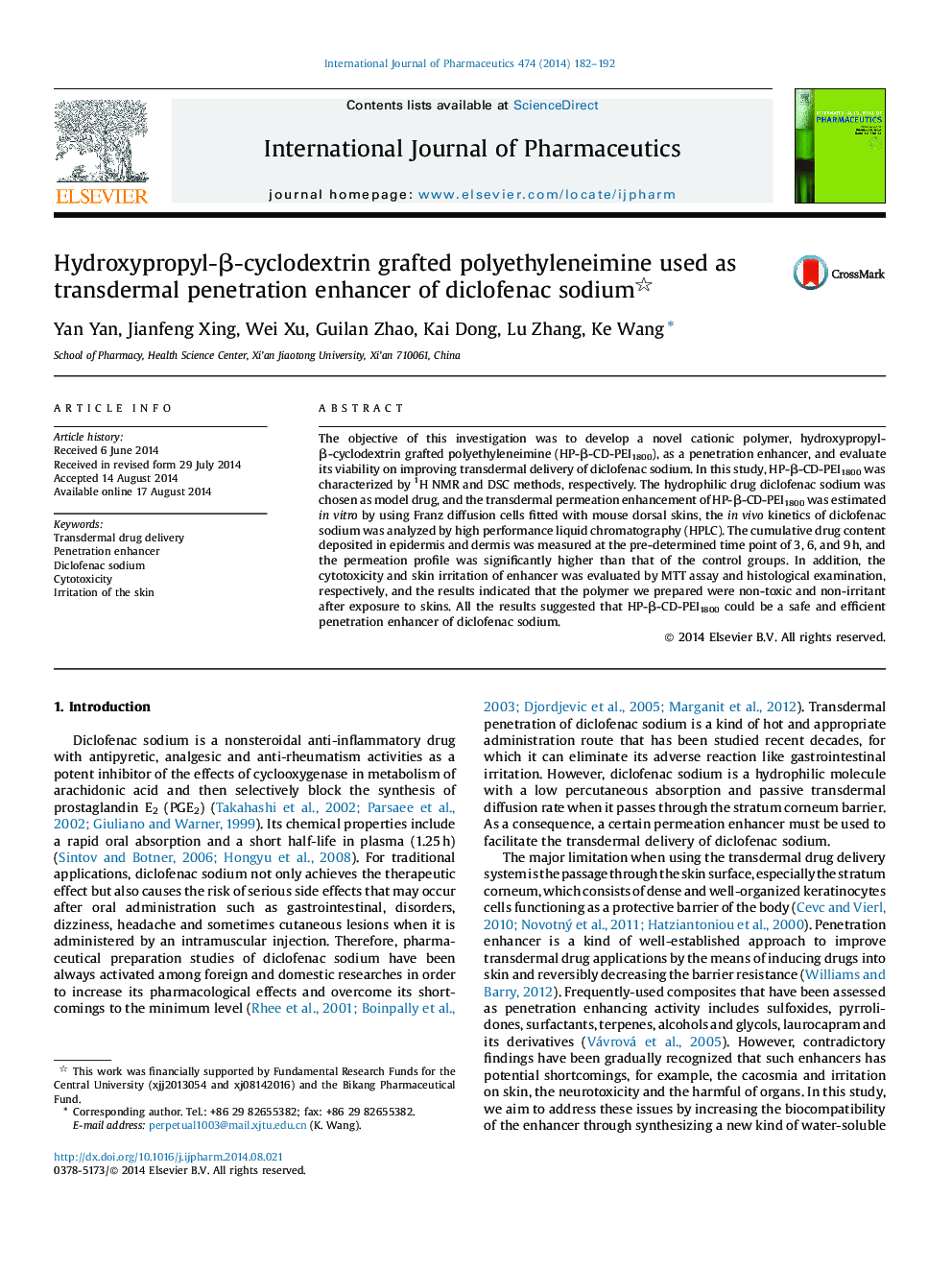 Hydroxypropyl-β-cyclodextrin grafted polyethyleneimine used as transdermal penetration enhancer of diclofenac sodium 