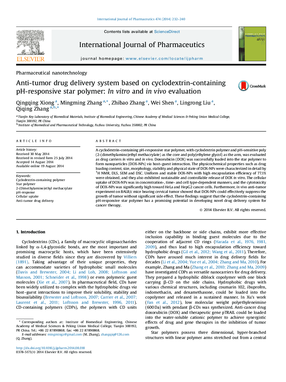 Anti-tumor drug delivery system based on cyclodextrin-containing pH-responsive star polymer: In vitro and in vivo evaluation