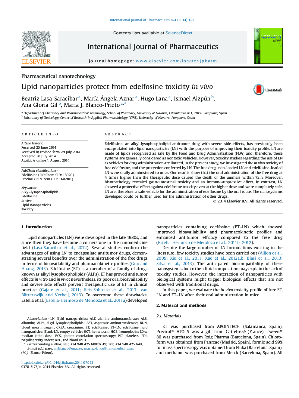 Lipid nanoparticles protect from edelfosine toxicity in vivo