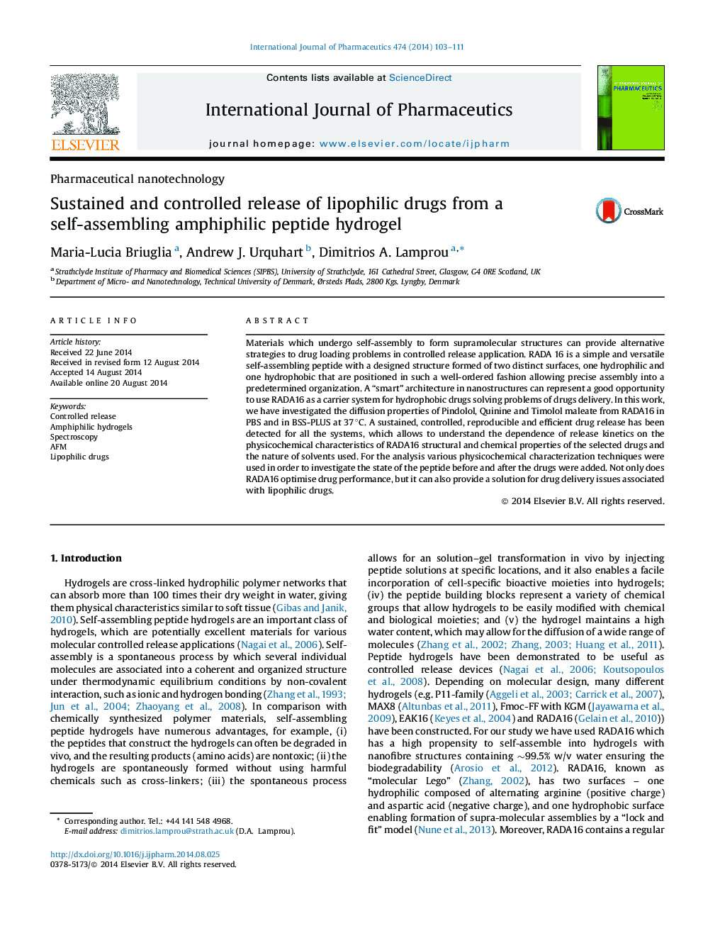 Sustained and controlled release of lipophilic drugs from a self-assembling amphiphilic peptide hydrogel