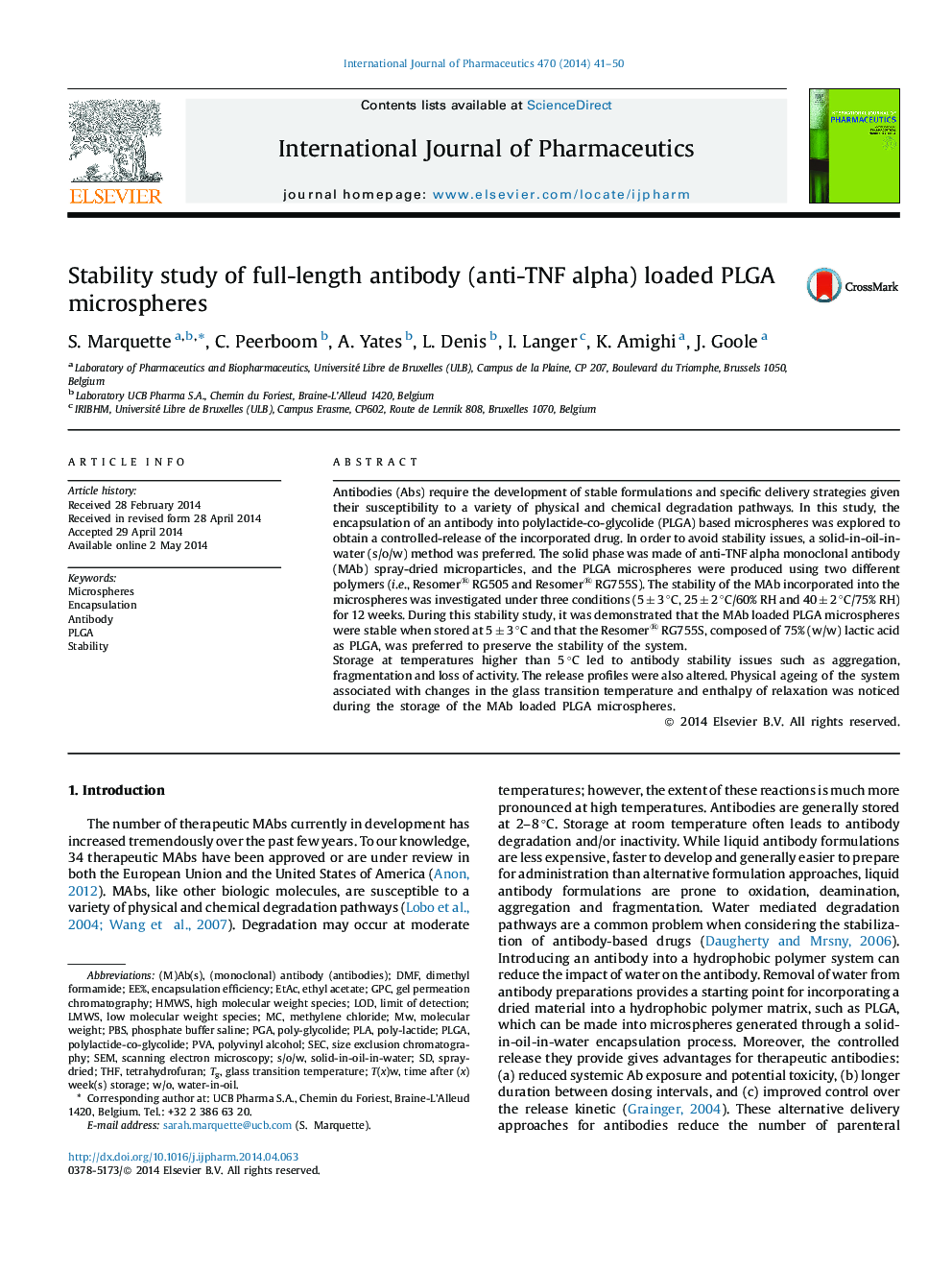 Stability study of full-length antibody (anti-TNF alpha) loaded PLGA microspheres