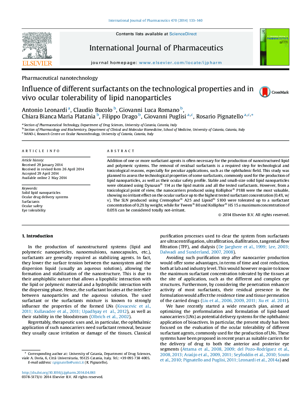 Influence of different surfactants on the technological properties and in vivo ocular tolerability of lipid nanoparticles