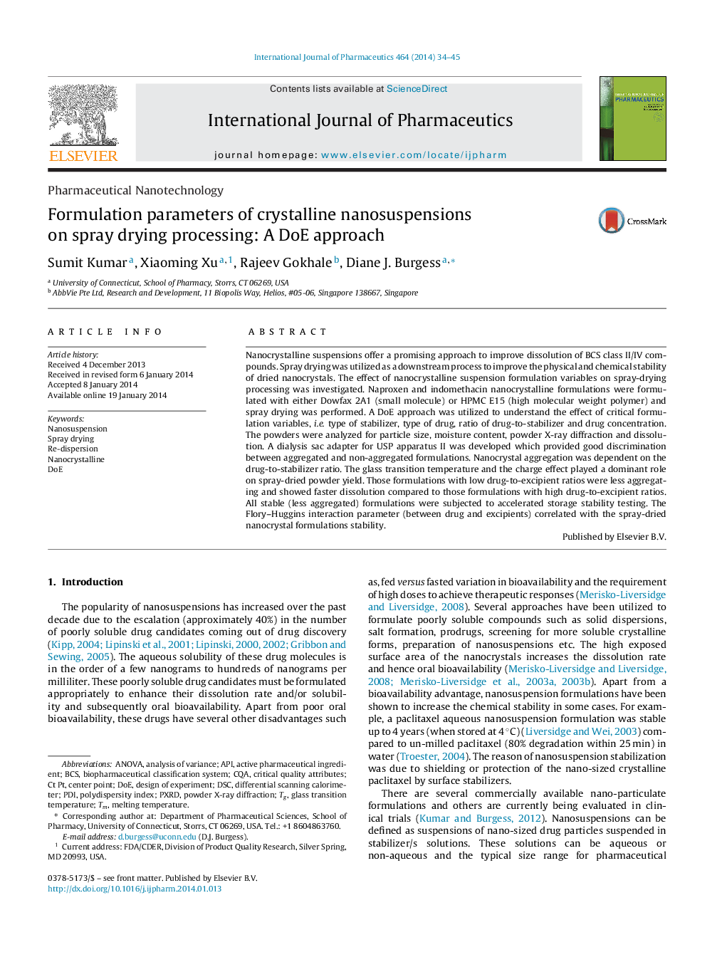 Formulation parameters of crystalline nanosuspensions on spray drying processing: A DoE approach