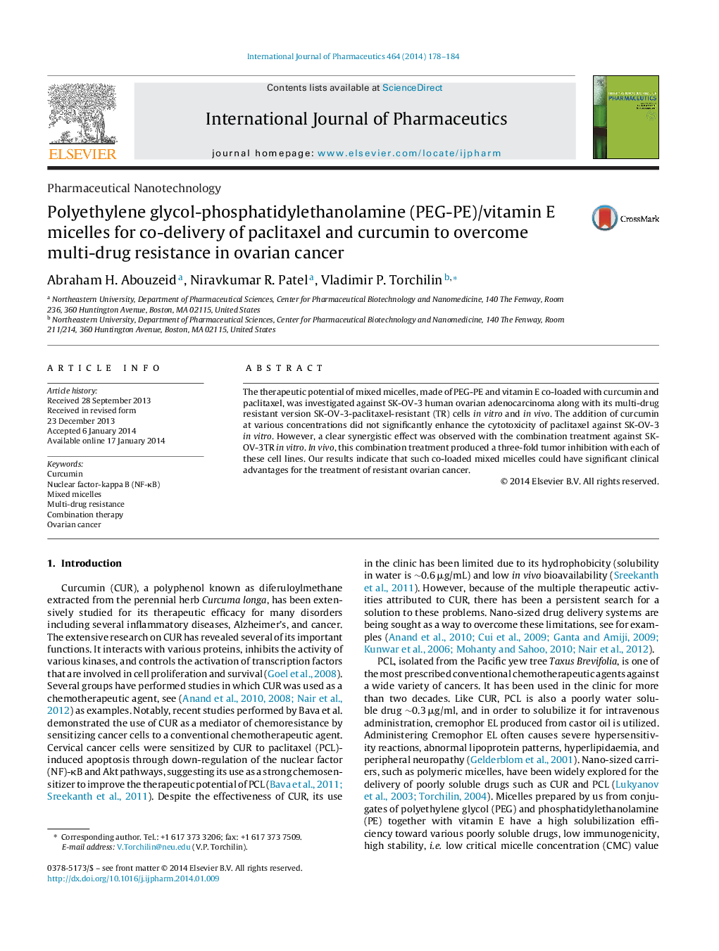 Polyethylene glycol-phosphatidylethanolamine (PEG-PE)/vitamin E micelles for co-delivery of paclitaxel and curcumin to overcome multi-drug resistance in ovarian cancer