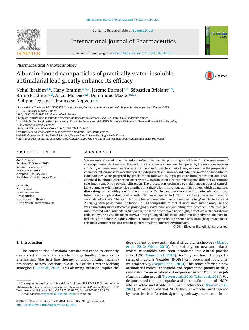 Albumin-bound nanoparticles of practically water-insoluble antimalarial lead greatly enhance its efficacy