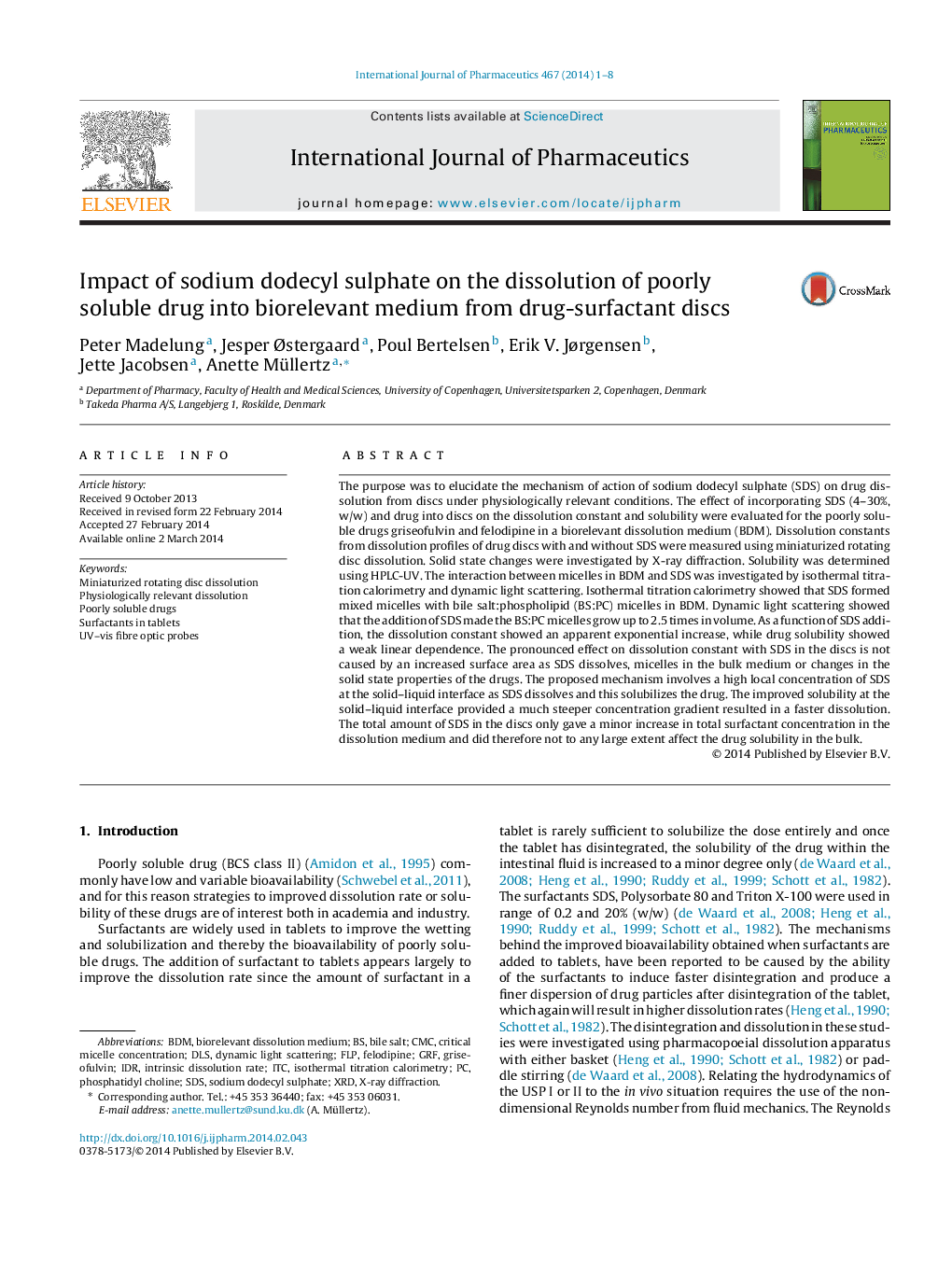 Impact of sodium dodecyl sulphate on the dissolution of poorly soluble drug into biorelevant medium from drug-surfactant discs