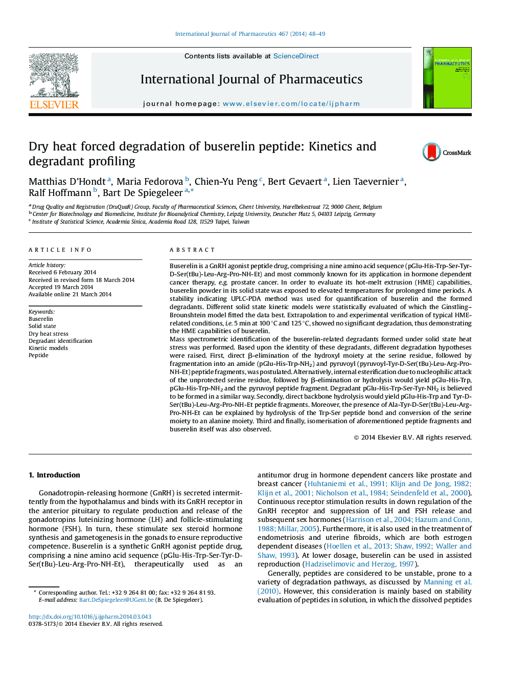 Dry heat forced degradation of buserelin peptide: Kinetics and degradant profiling