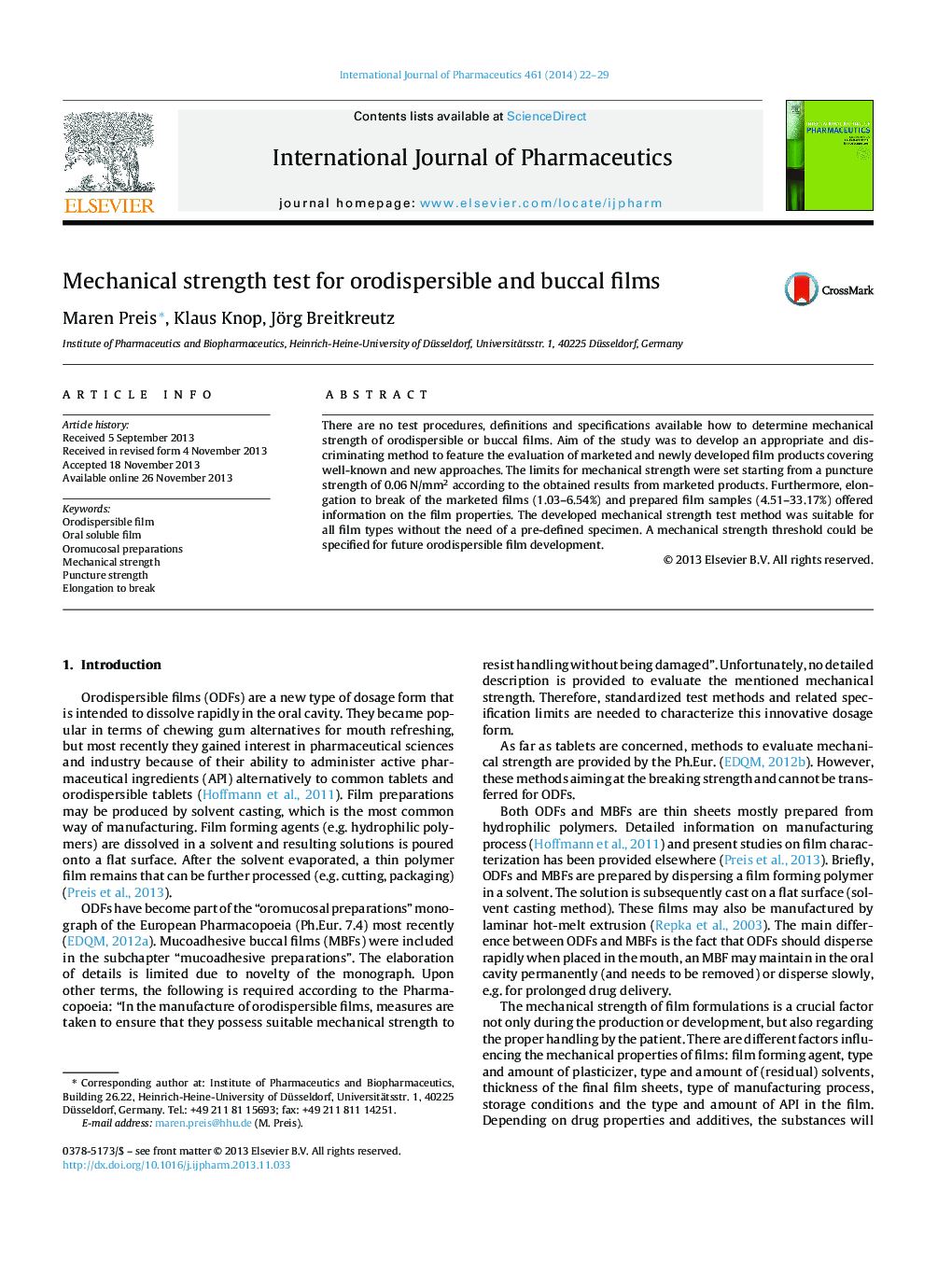 Mechanical strength test for orodispersible and buccal films